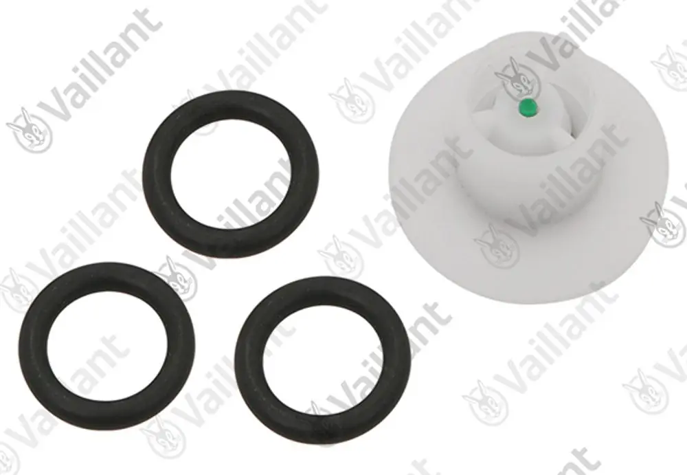 Vaillant Ventil mit drei schwarzen O-Ringen und einem weißen Element mit grünem Punkt.